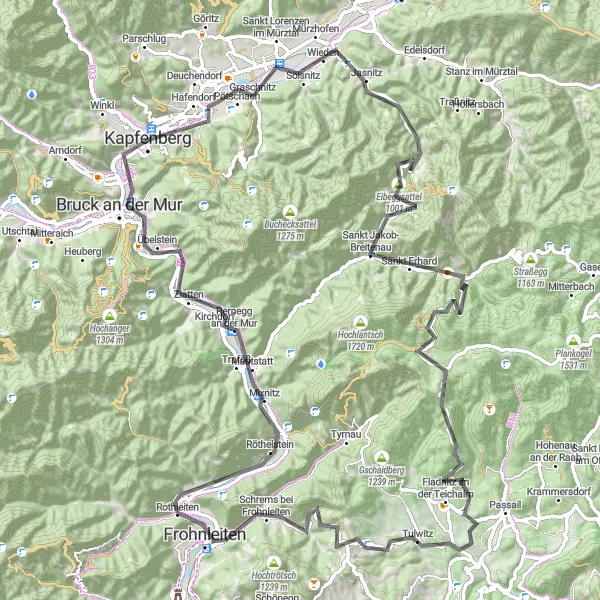 Zemljevid v pomanjšavi "Kolesarska pot preko Tanzenberga in Eibeggsattela" kolesarske inspiracije v Steiermark, Austria. Generirano z načrtovalcem kolesarskih poti Tarmacs.app