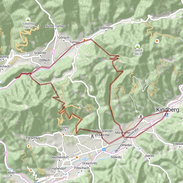 Miniatura della mappa di ispirazione al ciclismo "Gravel Route da Kindberg a Sankt Lorenzen" nella regione di Steiermark, Austria. Generata da Tarmacs.app, pianificatore di rotte ciclistiche