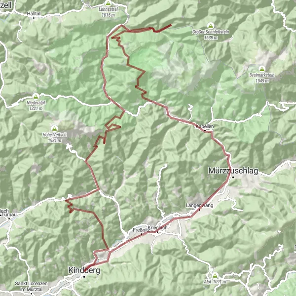 Miniaturní mapa "Náročný okruh Kreuzmauer" inspirace pro cyklisty v oblasti Steiermark, Austria. Vytvořeno pomocí plánovače tras Tarmacs.app