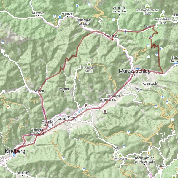 Miniaturní mapa "Trasa Mürztal" inspirace pro cyklisty v oblasti Steiermark, Austria. Vytvořeno pomocí plánovače tras Tarmacs.app