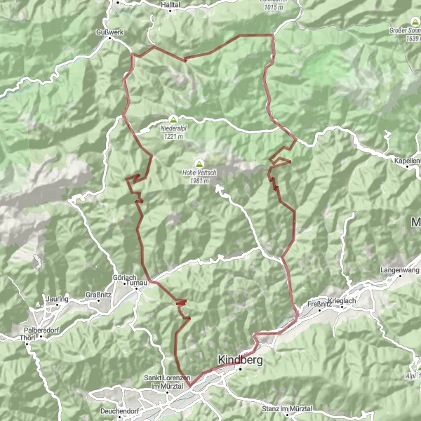 Miniatuurkaart van de fietsinspiratie "Gravel avontuur door de bergen rond Kindberg" in Steiermark, Austria. Gemaakt door de Tarmacs.app fietsrouteplanner