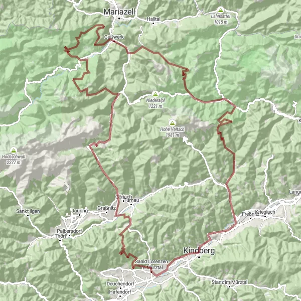 Miniatuurkaart van de fietsinspiratie "Gravel avontuur door de natuur rond Kindberg" in Steiermark, Austria. Gemaakt door de Tarmacs.app fietsrouteplanner