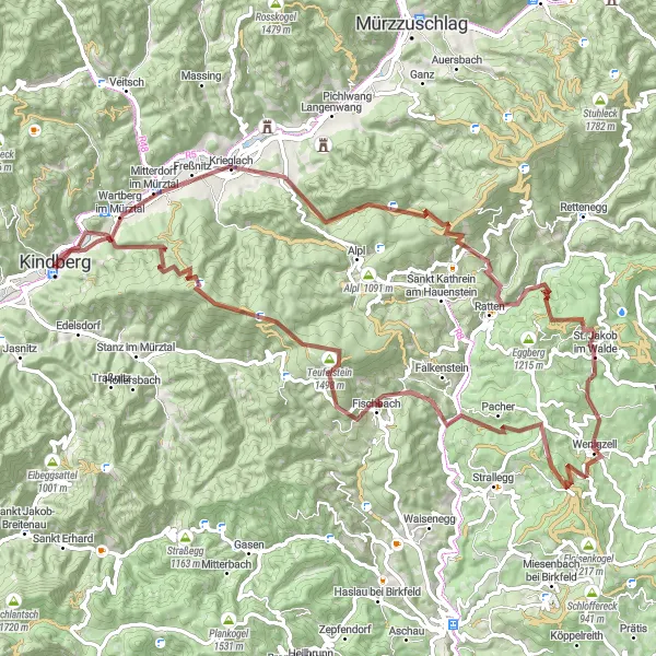 Miniaturekort af cykelinspirationen "Gruscykelrute fra Kindberg" i Steiermark, Austria. Genereret af Tarmacs.app cykelruteplanlægger