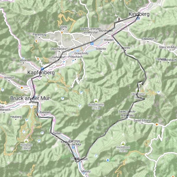 Miniature de la carte de l'inspiration cycliste "Boucle cyclable panoramique de Kindberg" dans la Steiermark, Austria. Générée par le planificateur d'itinéraire cycliste Tarmacs.app