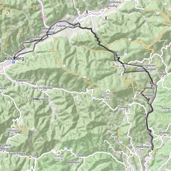 Miniatua del mapa de inspiración ciclista "Ruta de Carretera Kindberg - Wartbergkogel" en Steiermark, Austria. Generado por Tarmacs.app planificador de rutas ciclistas