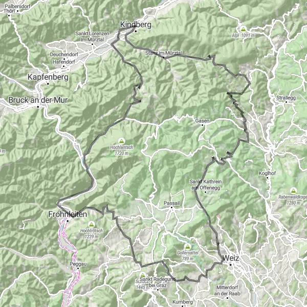 Miniatuurkaart van de fietsinspiratie "Panoramische fietstocht rond Kindberg" in Steiermark, Austria. Gemaakt door de Tarmacs.app fietsrouteplanner