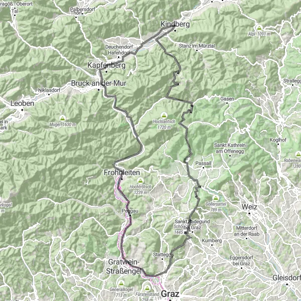 Kartminiatyr av "Rundtur fra Kindberg til Kindberg" sykkelinspirasjon i Steiermark, Austria. Generert av Tarmacs.app sykkelrutoplanlegger