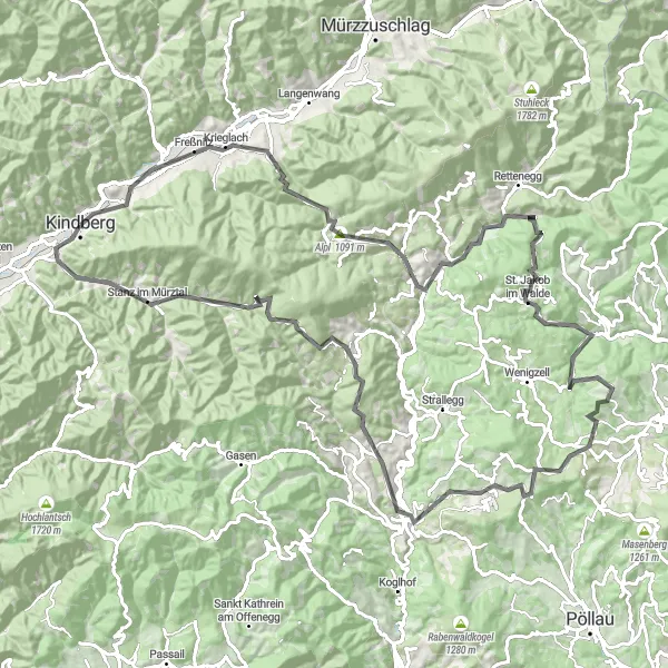 Miniatua del mapa de inspiración ciclista "Ruta de ciclismo en carretera por Kindberg y sus alrededores" en Steiermark, Austria. Generado por Tarmacs.app planificador de rutas ciclistas