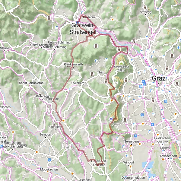 Miniatua del mapa de inspiración ciclista "Exploración en bicicleta por Gratwein-Straßengel y Gratkorn" en Steiermark, Austria. Generado por Tarmacs.app planificador de rutas ciclistas