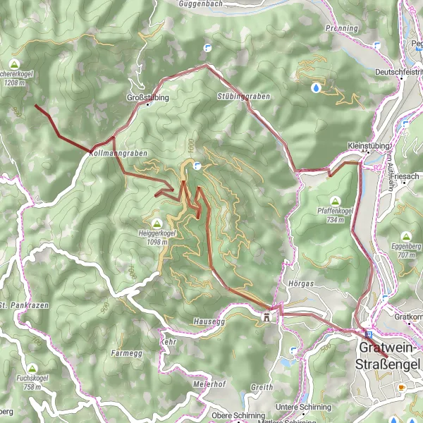 Zemljevid v pomanjšavi "Raziskovanje podeželja v južnem Steiermarku" kolesarske inspiracije v Steiermark, Austria. Generirano z načrtovalcem kolesarskih poti Tarmacs.app