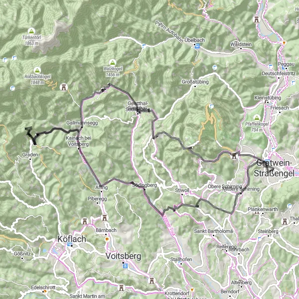 Miniatua del mapa de inspiración ciclista "Ruta de ciclismo en ruta de Gratwein a Gratwein" en Steiermark, Austria. Generado por Tarmacs.app planificador de rutas ciclistas