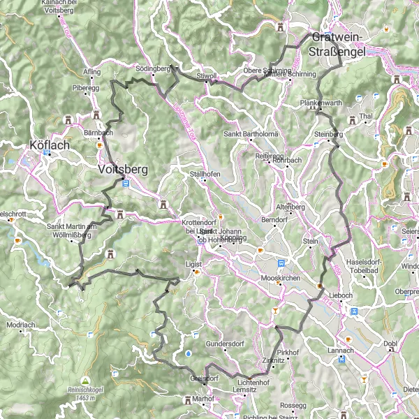 Miniaturekort af cykelinspirationen "Rundtur fra Kirchenviertel gennem Steiermark" i Steiermark, Austria. Genereret af Tarmacs.app cykelruteplanlægger