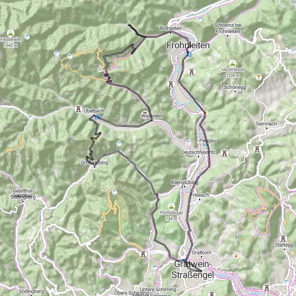 Miniatura della mappa di ispirazione al ciclismo "Giro in bici stradale attraverso Gratwein-Straßengel e Peggau" nella regione di Steiermark, Austria. Generata da Tarmacs.app, pianificatore di rotte ciclistiche
