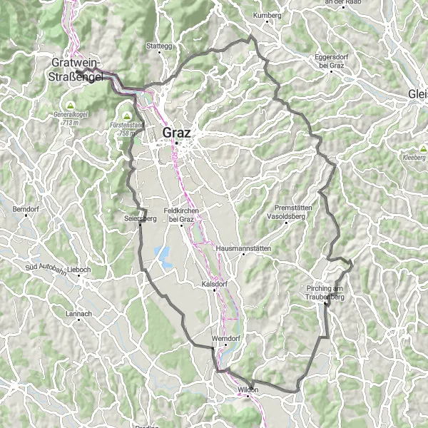 Miniature de la carte de l'inspiration cycliste "La Route des Châteaux et Collines" dans la Steiermark, Austria. Générée par le planificateur d'itinéraire cycliste Tarmacs.app