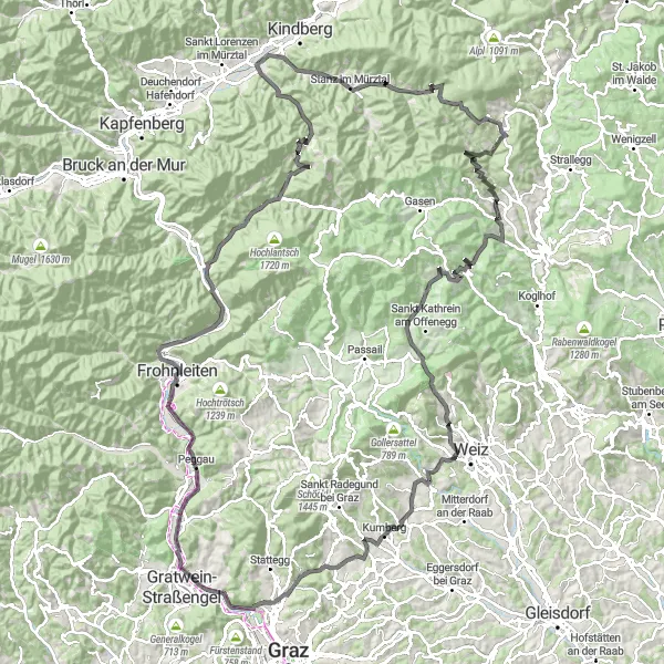Miniatuurkaart van de fietsinspiratie "Uitdagende fietsroute met indrukwekkende hoogtepunten" in Steiermark, Austria. Gemaakt door de Tarmacs.app fietsrouteplanner