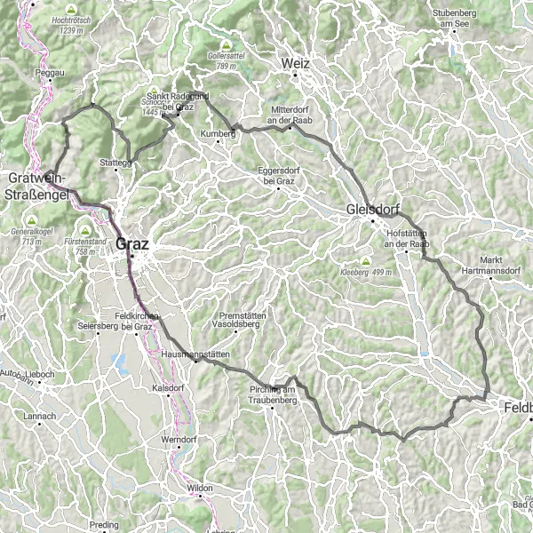 Miniatua del mapa de inspiración ciclista "Ruta de ciclismo de carretera desde Kirchenviertel" en Steiermark, Austria. Generado por Tarmacs.app planificador de rutas ciclistas