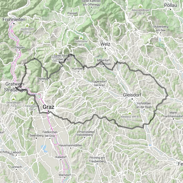 Map miniature of "Graz's Majestic Landscapes" cycling inspiration in Steiermark, Austria. Generated by Tarmacs.app cycling route planner