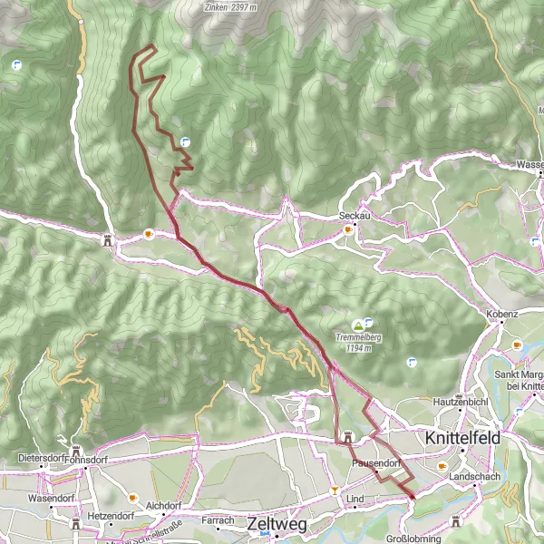 Mapa miniatúra "Gravelová cesta cez Schloss Spielberg a Brandlacke" cyklistická inšpirácia v Steiermark, Austria. Vygenerované cyklistickým plánovačom trás Tarmacs.app
