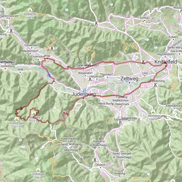 Miniatuurkaart van de fietsinspiratie "Gravelroute rond Knittelfeld via Kalkriegel" in Steiermark, Austria. Gemaakt door de Tarmacs.app fietsrouteplanner