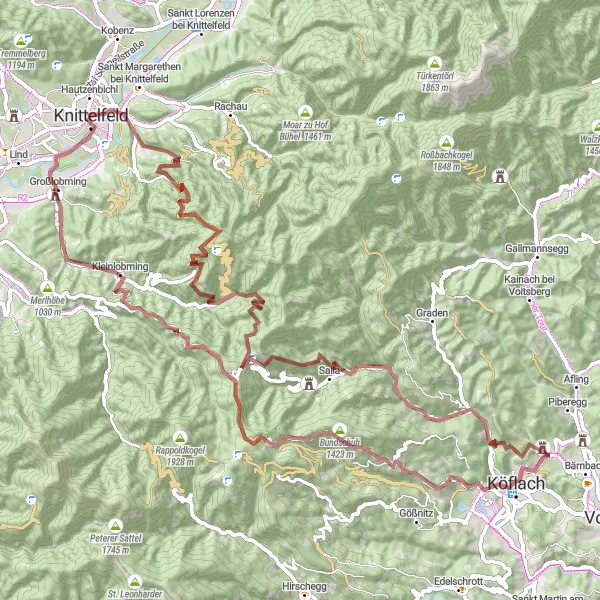 Miniatura della mappa di ispirazione al ciclismo "Knittelfeld-Maria Lankowitz-Knittelfeld" nella regione di Steiermark, Austria. Generata da Tarmacs.app, pianificatore di rotte ciclistiche