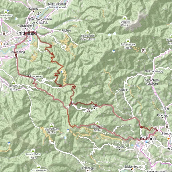 Miniatuurkaart van de fietsinspiratie "Leuke grindroute van Knittelfeld naar Schloss Hautzenbichl" in Steiermark, Austria. Gemaakt door de Tarmacs.app fietsrouteplanner