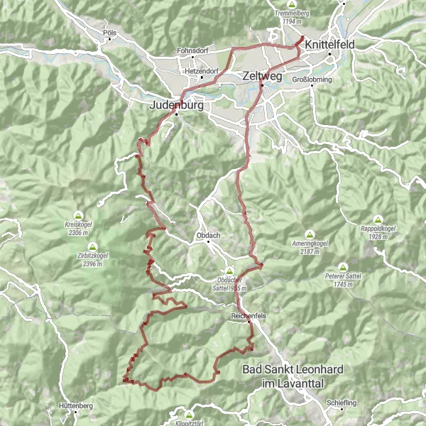Miniatua del mapa de inspiración ciclista "Desafío de Grava en las montañas alrededor de Knittelfeld" en Steiermark, Austria. Generado por Tarmacs.app planificador de rutas ciclistas