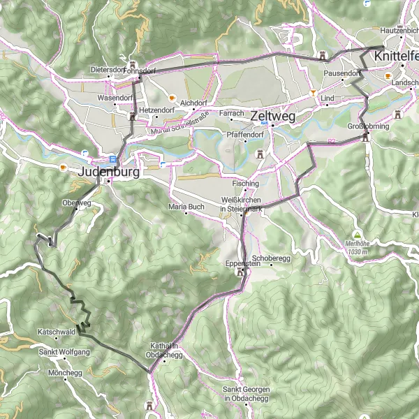 Miniatuurkaart van de fietsinspiratie "Cultuur en natuur langs de weg van Knittelfeld naar Schloss Spielberg" in Steiermark, Austria. Gemaakt door de Tarmacs.app fietsrouteplanner