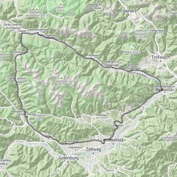 Karttaminiaatyyri "Kiertomatka Knittelfeldin lähistöllä: Road" pyöräilyinspiraatiosta alueella Steiermark, Austria. Luotu Tarmacs.app pyöräilyreittisuunnittelijalla