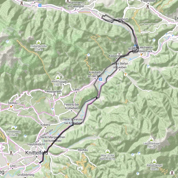 Zemljevid v pomanjšavi "Kolesarska pot okoli Knittelfelda" kolesarske inspiracije v Steiermark, Austria. Generirano z načrtovalcem kolesarskih poti Tarmacs.app