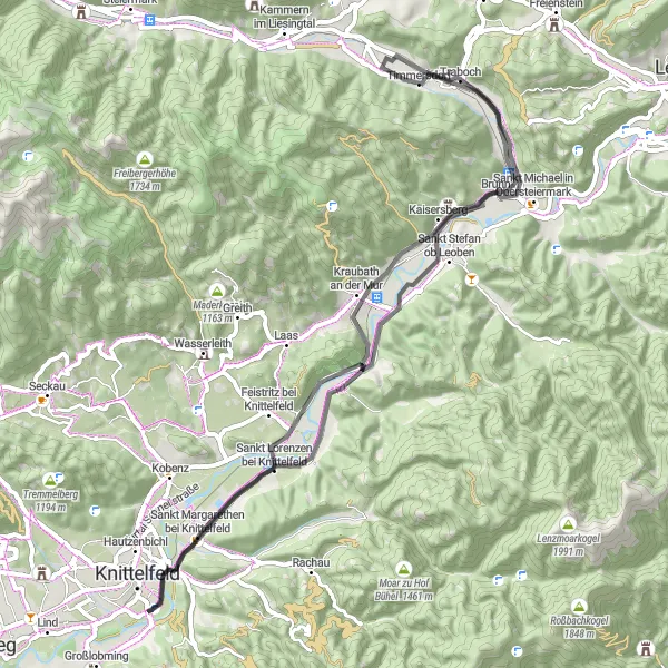 Karttaminiaatyyri "Tiepyöräilyreitti Kaisersbergin linnaa kiertäen" pyöräilyinspiraatiosta alueella Steiermark, Austria. Luotu Tarmacs.app pyöräilyreittisuunnittelijalla