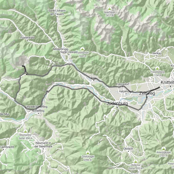 Karttaminiaatyyri "Kiertomatka Knittelfeldin lähistöllä: Road" pyöräilyinspiraatiosta alueella Steiermark, Austria. Luotu Tarmacs.app pyöräilyreittisuunnittelijalla