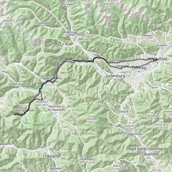 Karttaminiaatyyri "Maantiepyöräreitti Knittelfeldistä" pyöräilyinspiraatiosta alueella Steiermark, Austria. Luotu Tarmacs.app pyöräilyreittisuunnittelijalla