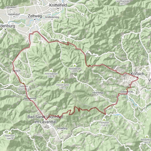 Map miniature of "Scenic Gravel Route to Obdacher Sattel" cycling inspiration in Steiermark, Austria. Generated by Tarmacs.app cycling route planner
