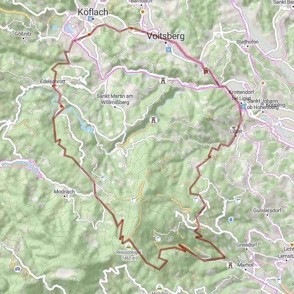 Zemljevid v pomanjšavi "Gravel kolesarska pot od Köflacha do Pichlinga pri Köflachu" kolesarske inspiracije v Steiermark, Austria. Generirano z načrtovalcem kolesarskih poti Tarmacs.app
