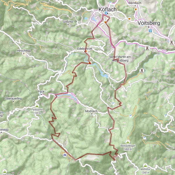 Kartminiatyr av "Grusveier i naturskjønne omgivelser rundt Köflach" sykkelinspirasjon i Steiermark, Austria. Generert av Tarmacs.app sykkelrutoplanlegger