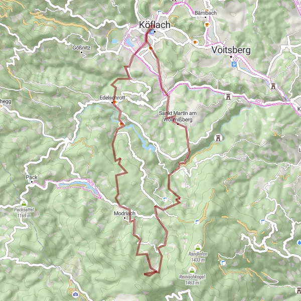 Miniature de la carte de l'inspiration cycliste "Itinéraire gravier pittoresque autour de Köflach" dans la Steiermark, Austria. Générée par le planificateur d'itinéraire cycliste Tarmacs.app