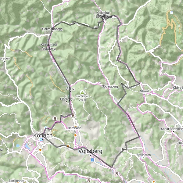 Miniature de la carte de l'inspiration cycliste "Tour des sommets autour de Köflach" dans la Steiermark, Austria. Générée par le planificateur d'itinéraire cycliste Tarmacs.app