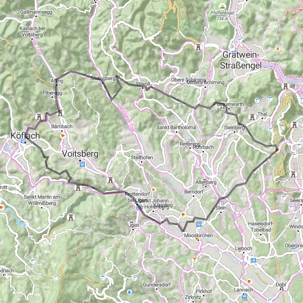 Miniatura della mappa di ispirazione al ciclismo "Giro su Strada tra le Colline e i Paesaggi Rurali dell'Austria" nella regione di Steiermark, Austria. Generata da Tarmacs.app, pianificatore di rotte ciclistiche