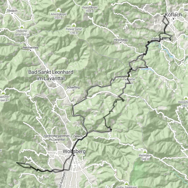 Kartminiatyr av "Köflach og omgivelser på landevei" sykkelinspirasjon i Steiermark, Austria. Generert av Tarmacs.app sykkelrutoplanlegger