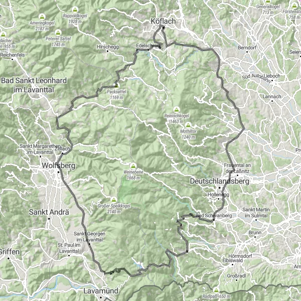 Karttaminiaatyyri "Koko päivän seikkailu maantiepyörällä" pyöräilyinspiraatiosta alueella Steiermark, Austria. Luotu Tarmacs.app pyöräilyreittisuunnittelijalla