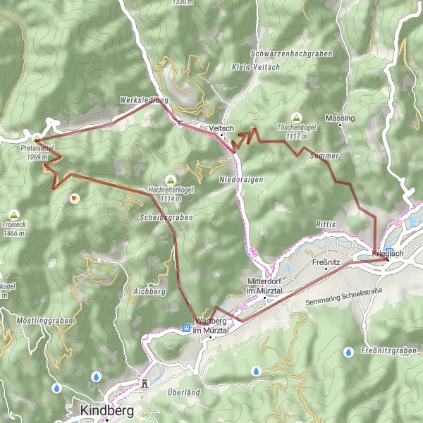 Miniatura della mappa di ispirazione al ciclismo "Avventura in bicicletta a Mitterdorf im Mürztal" nella regione di Steiermark, Austria. Generata da Tarmacs.app, pianificatore di rotte ciclistiche