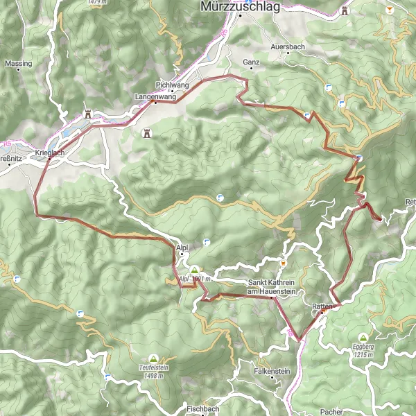 Map miniature of "The Langenwang Gravel Adventure" cycling inspiration in Steiermark, Austria. Generated by Tarmacs.app cycling route planner