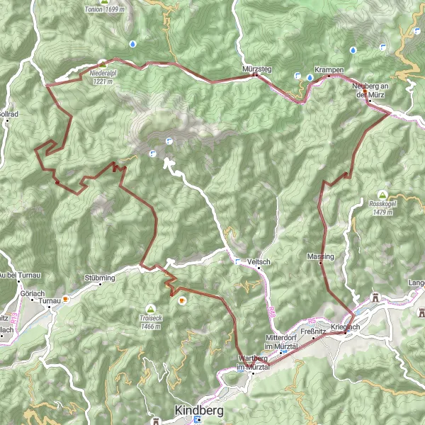 Miniaturekort af cykelinspirationen "Lang gruscykelrute gennem Mürztal-dalen" i Steiermark, Austria. Genereret af Tarmacs.app cykelruteplanlægger