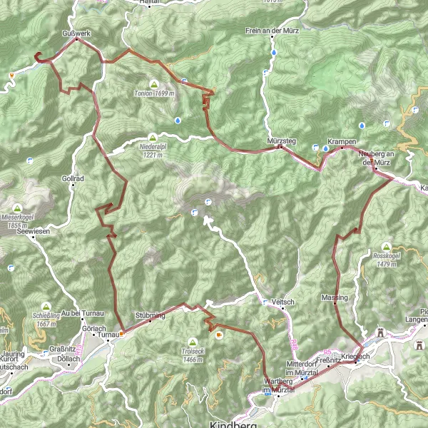 Miniature de la carte de l'inspiration cycliste "Les Montagnes de Styrie" dans la Steiermark, Austria. Générée par le planificateur d'itinéraire cycliste Tarmacs.app