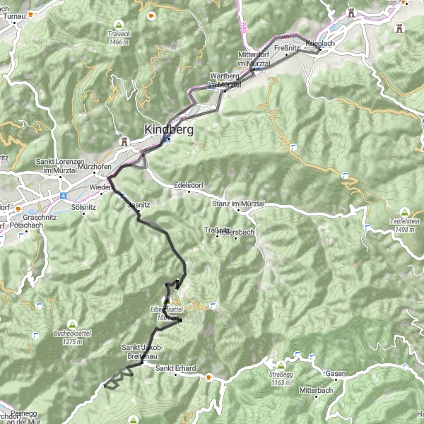 Kartminiatyr av "Krieglach-Sankt Jakob-Breitenau-Wartberg im Mürztal-Krieglach" cykelinspiration i Steiermark, Austria. Genererad av Tarmacs.app cykelruttplanerare