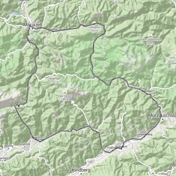 Map miniature of "Krieglach - Mitterdorf im Mürztal - Pretalsattel - Turnau - Gaiberg - Sauwand - Mariazell - Lahnsattel - Seekogel - Kreuzmauer - Neuberg an der Mürz - Mürzzuschlag - Ganzstein - Schloss Feistritz - Ratten - Alpl - Krieglach" cycling inspiration in Steiermark, Austria. Generated by Tarmacs.app cycling route planner