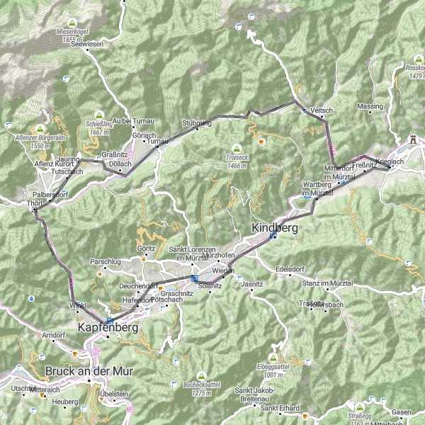 Miniatua del mapa de inspiración ciclista "Ruta de ciclismo de carretera por Kindberg y Kapfenberg" en Steiermark, Austria. Generado por Tarmacs.app planificador de rutas ciclistas