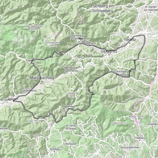 Kartminiatyr av "Landsvägscykling till Gloggnitz" cykelinspiration i Steiermark, Austria. Genererad av Tarmacs.app cykelruttplanerare