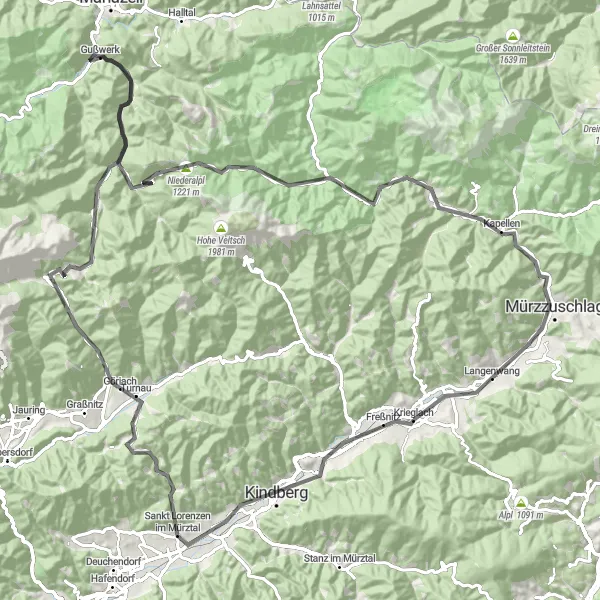 Map miniature of "Krieglach - Wartbergkogel - Kindberg - Sankt Lorenzen im Mürztal - Fuchsegg - Turnau - Gaiberg - Sauwand - Gußwerk - Niederalpl - Dobrein - Neuberg an der Mürz - Stelzer - Ganzstein - Langenwang" cycling inspiration in Steiermark, Austria. Generated by Tarmacs.app cycling route planner