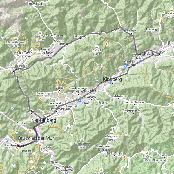 Miniaturní mapa "Jedinečná cesta okolo Krieglachu" inspirace pro cyklisty v oblasti Steiermark, Austria. Vytvořeno pomocí plánovače tras Tarmacs.app